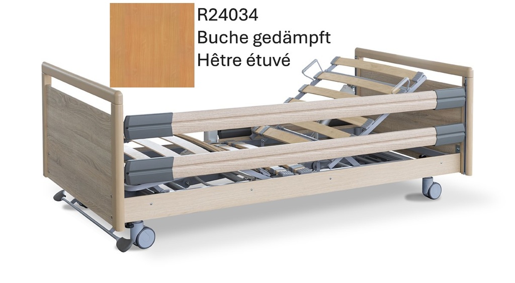 Elektrisches Pflegebett - Practico 25-80 Plus - 4-geteilt - 90x200cm - Zentralbremse - durchgehende Seitengitter - Buche gedämpft R24034 - Typ 1.1