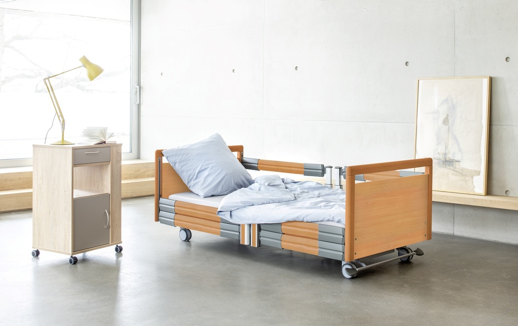 Elektrisches Pflegebett - Practico 25-80 Plus - 4-geteilt - 90x200cm - Zentralbremse - lang geteilte Seitengitter - Buche gedämpft R24034 - Typ I plus