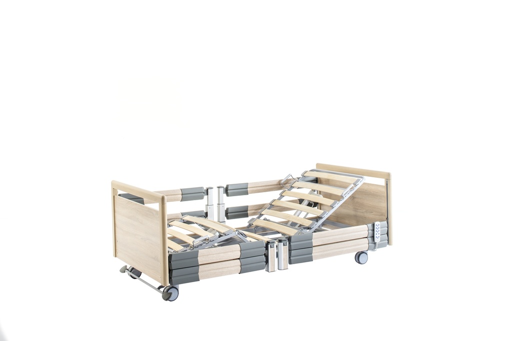Elektrisches Pflegebett - Practico 25-80 Plus - 4-geteilt - 120x200cm - Zentralbremse - lang geteilte Seitengitter - Sonoma Eiche hell R20128 - Typ 1.1
