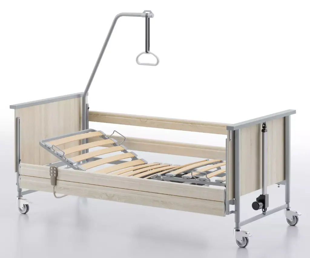 Elektrisches Pflegebett - Domiflex 3 plus - 90x200cm - Einzelradbremse - durchgehende Seitengitter - Federholzleisten - Sonoma Eiche hell R20128 - Matratzenausgleich