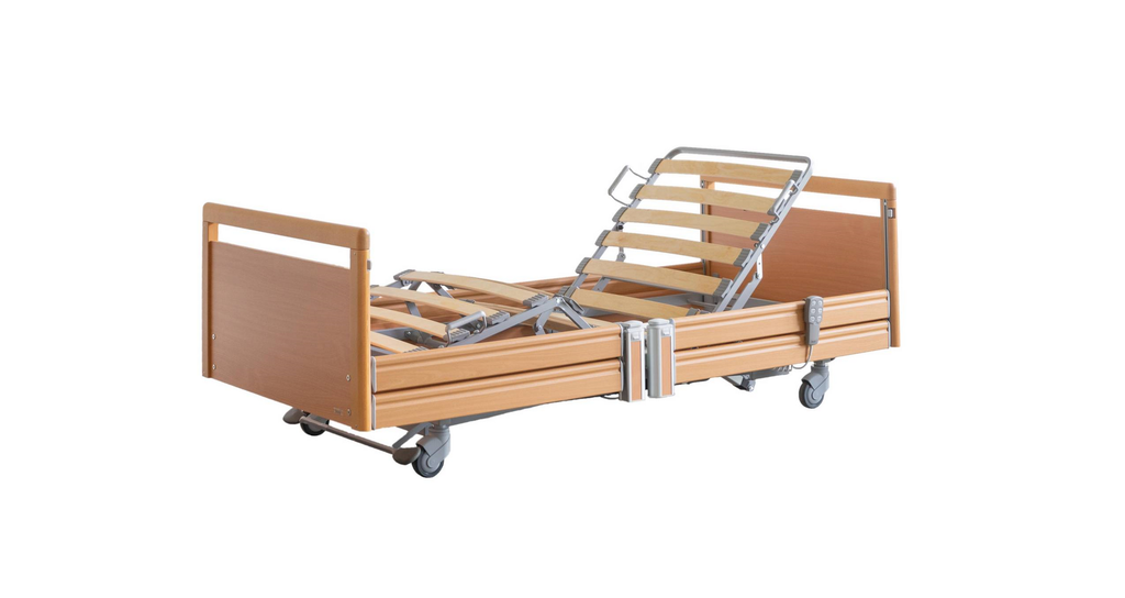 Lit électrique - Livorno bas - 4 parties - 90x200cm - frein central - demi-barrières longues - Lattes en bois - hêtre étuvé R24034 - Type 1 - recul du dossier