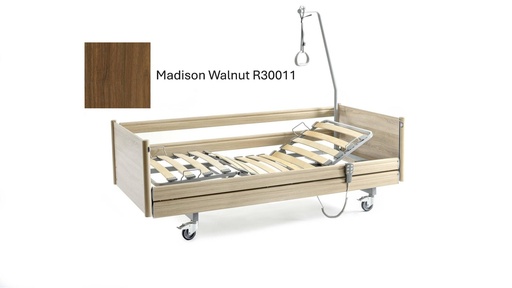 [281 B513] Elektrisches Pflegebett - Belluno - 120x200cm - Zentralverriegelung - durchgehende Seitengitter - Federholzleisten - Madison Walnut R30011 - Typ VIII - Matratzenausgleich