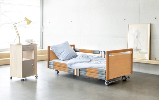 [224 C247] Elektrisches Pflegebett - Practico 25-80 Plus - 4-geteilt - 90x200cm - Zentralbremse - lang geteilte Seitengitter - Buche gedämpft R24034 - Typ I plus
