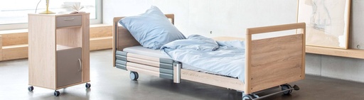 [224 C248] Elektrisches Pflegebett - Practico 25-80 Plus - 4-geteilt - 90x200cm - Zentralbremse - zweigeteiltes Seitengitter kopfseitig - Sonoma Eiche hell R20128 - Typ I plus