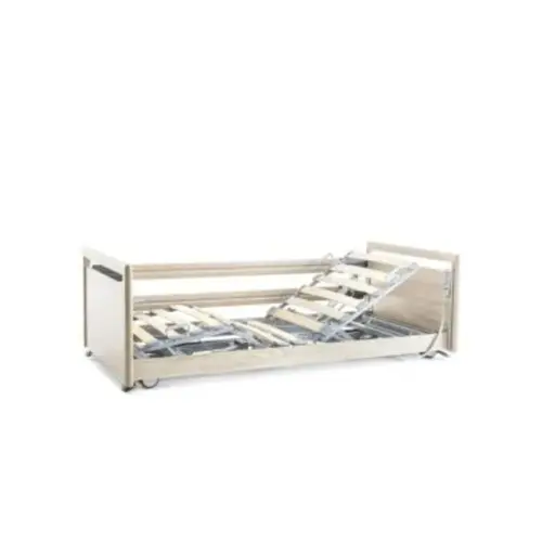 [223 B314] Elektrisches Pflegebett - Floorline 15/80 - 4-geteilt - 90x200cm - zweigeteilte Seitengitter lang - Federholzleisten - Sonoma Eiche hell R20128 - Typ 51f hoch auf beiden Seiten - Wandabstandhalter kopfseitig und seitlich