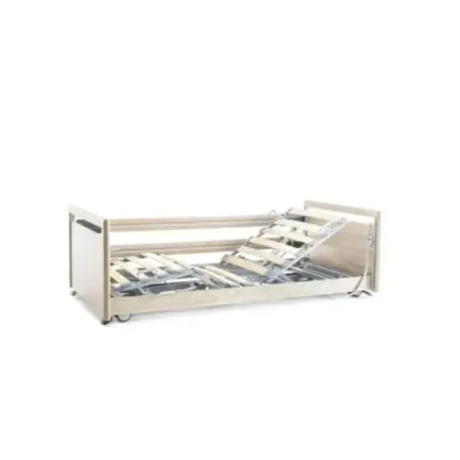 [223 B292] Elektrisches Pflegebett - Floorline 15/80 - 4-geteilt - 90x200cm - durchgehende Seitengitter - Federholzleisten - Sonoma Eiche hell R20128 - Typ 51f hoch auf beiden Seiten - Wandabstandhalter kopfseitig und seitlich
